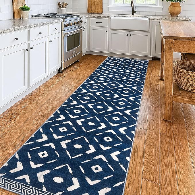 KILOCOCO Hallway Runner Rug 2.6'x10' Runners for Hallways Washable Runner Soft Non Slip Printed Geometric Low-Pile Rugs Runners for Bedroom Kitchen Living Room Boho Rugs, Blue