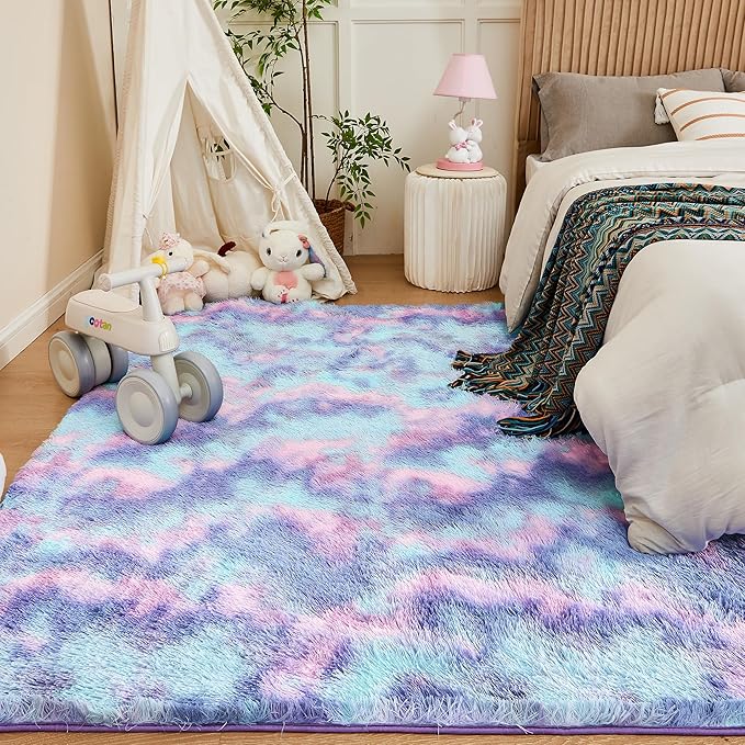 Andency Soft Area Rugs for Living Room Bedroom, 3x5 Non-Slip Fluffy Shag Carpet, Indoor Floor Fuzzy Shaggy Living Room Plush Rug for Kids Dorm Nursery Home Decor Aesthetic, Tie-Dyed Unicorn Rainbow