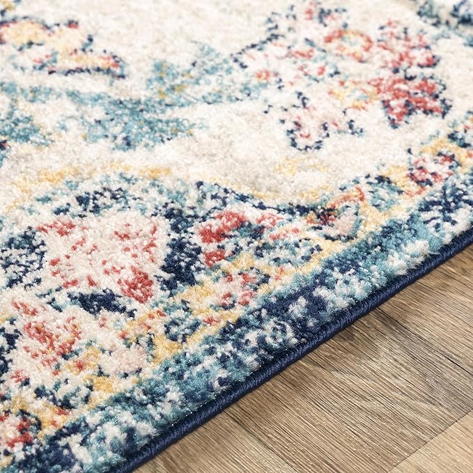 Livabliss Area Rugs - 5x5 Odelia Vintage Boho Aqua Burgandy Blue Square Area Rug for Living Room Bedroom - Floral Medallion Stain Resistant Carpet for Kitchen, Nursery, Office (5'3" Square)