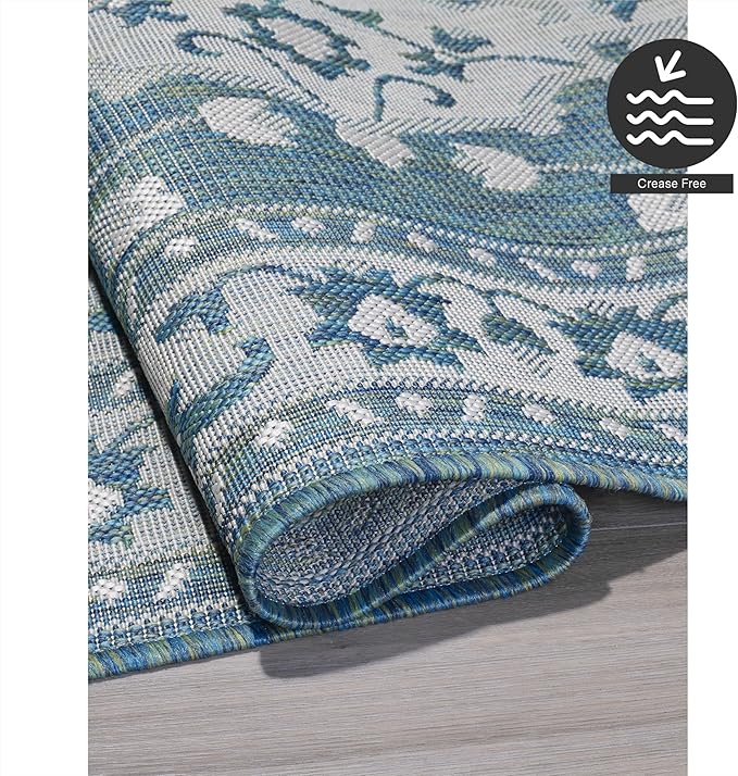 FH Home Flat Woven Outdoor Rug - Waterproof, Easy to Clean, Stain Resistant - Premium Polypropylene Yarn - Vintage - Patio, Deck, Porch, Balcony, Laundry - Shiraz - Ocean - 3ft 11 in x 5ft 6in