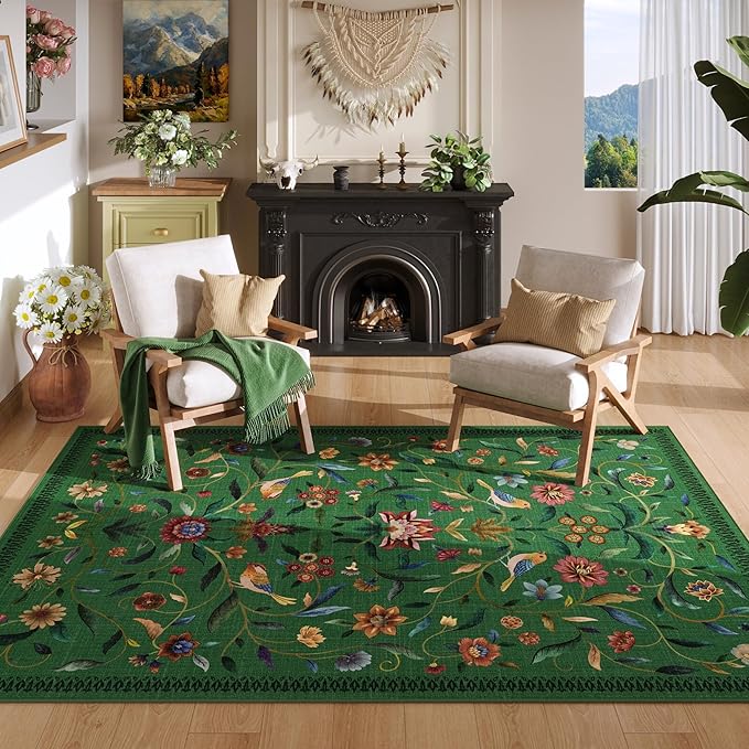 Vintage Medallion Floral 5x7 Area Rugs, Machine Washable Non-Slip, Low Pile Soft Carpet for Living Room, Bedroom, Dining Room, Farmhouse, Kids Playroom, Office | Green