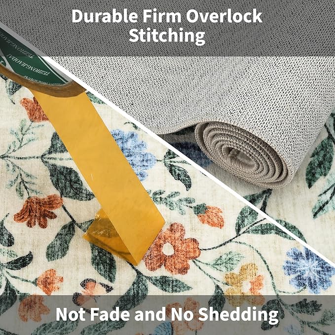 8x10 Washable Floral Distressed Rug, Vintage Farmhouse Area Rug for Living Room, Non-Slip Low Pile Soft Carpet for Nursery Bedroom Dining Room Home Office, Green