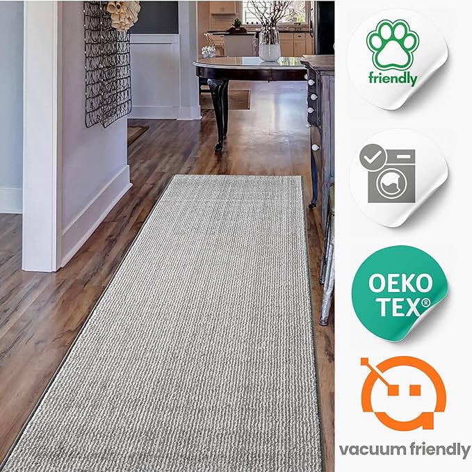 13ft Custom Hallway Rug - Striped Grey | Non-Slip Rubber Backed | Washable & Pet Friendly | No-Fray Edge Finished