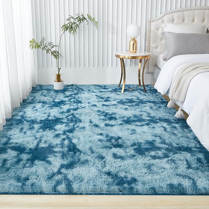 Andency Area Rugs 9x12 for Living Room Home Decor, Large Shaggy Bedroom Carpet, Non-Slip Big Shag Indoor Thick Soft Fluffy Furry Fur Area Rugs for Kids Dorm Nursery Aesthetic, Tie-Dyed Navy Blue