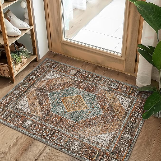 Bavni 2x3 Entryway Rug Bathroom Rugs for Front Door Bedroom Bathroom Kitchen, Washable Print Carpet, Lightweight Rug with Non Slip Backing, Vintage Brown/Blue