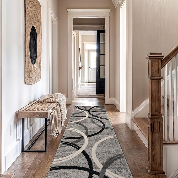 Rugshop Wavy Circles Design Runner Rug, Carpet with Jute Backing for Hallway, Kitchen, or Entryway, Gray, 2'7" x 10'