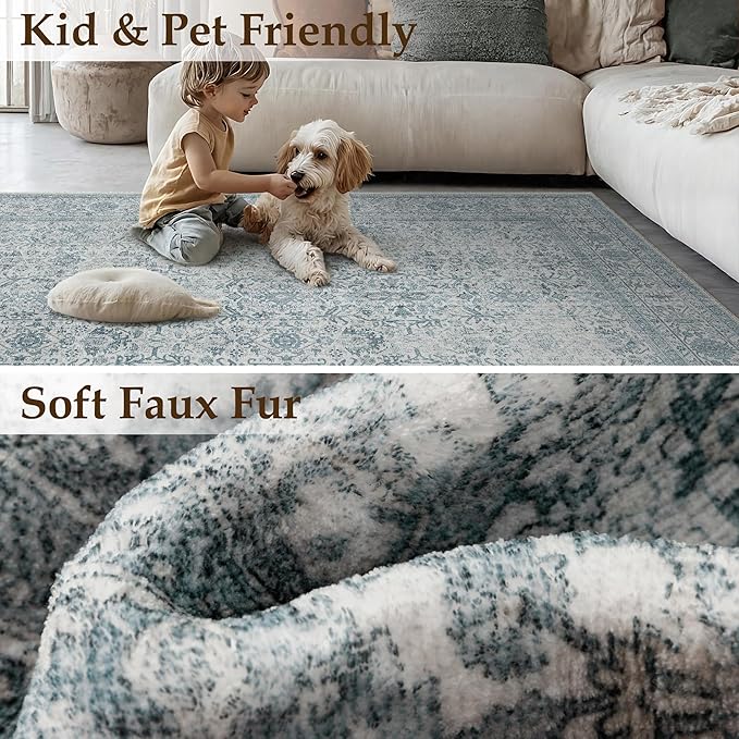 Area Rug 6x9 Blue Washable Living Room Carpet Soft Non Slip Vintage Bedroom Indoor Office Traditional Retro Distressed Large Thicker Throw Rug for Dining Room Kitchen Playroom