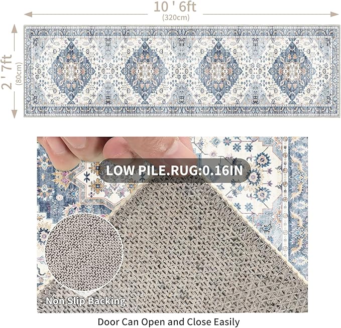 Enkor Runner Rugs for Hallway, 2.6x10.5 Washable Soft Non Slip Floor Rugs for Kitchen, Modern Mat for Living Room Bedroom Entryway Blue & White