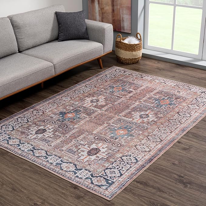 Bloom Rugs Washable 3' x 5' Rug - Brown/Blue/Orange Traditional Area Rug for Living Room, Bedroom, Dining Room, and Kitchen - Exact Size: 3' x 5'