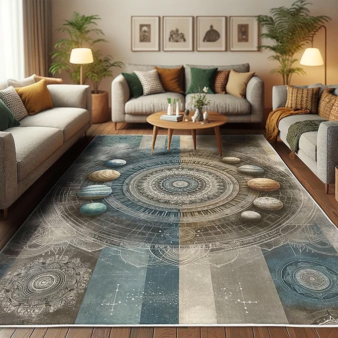 Ambesonne Space Boho Decorative Rug, Modern Interpretation of Outer Galaxy Art Planets and Trippy Mandalas, Quality Carpet for Bedroom Dorm and Living Room, 2' 5" x 5', Sea Blue Eggshell Tan
