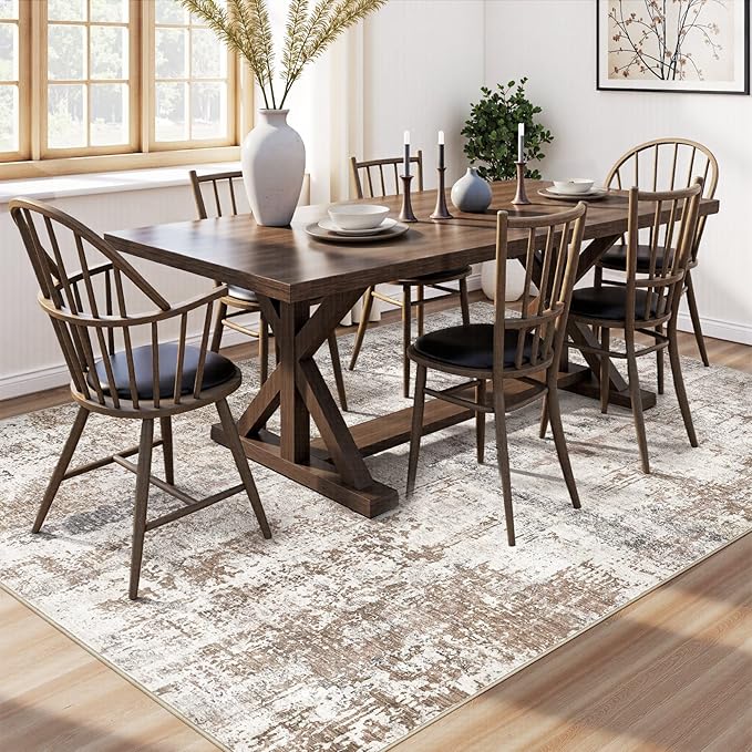 Area Rug Living Room Rugs - Washable Neutral Modern Abstract Soft Thin Rug Indoor Floor No Slip Rug Carpet for Bedroom Under Dining Table Home Office Decor - Brown/Grey/Red - 5x7