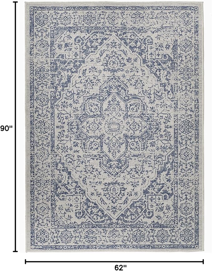 FH Home Flat Woven Outdoor Rug - Waterproof, Easy to Clean, Stain Resistant - Premium Polypropylene Yarn - Vintage - Patio, Porch, Deck, Balcony - Ankara - Distressed Blue - 5ft 2in x 7ft 6in