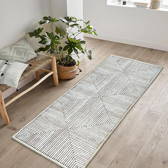 Bloom Rugs Washable Non-Slip 7 ft Runner - Brown Striped Runner for Entryway, Hallway, Bathroom, and Kitchen - Exact Size: 2.5' x 7'