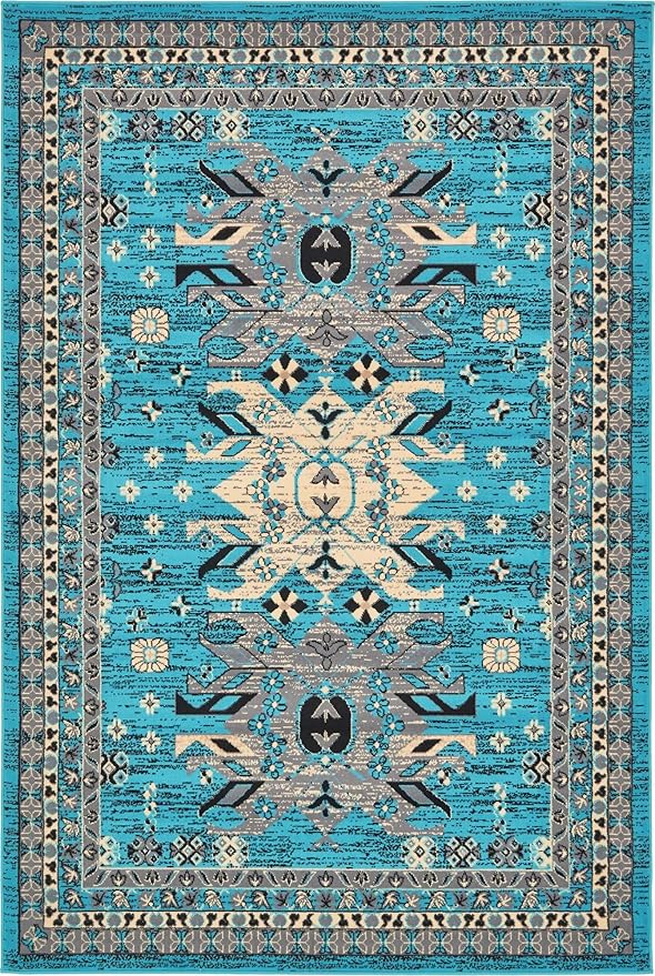 Unique Loom Taftan Collection Border Geometric Tribal Inspired Design Area Rug (6' 0 x 9' 0 Rectangular, Turquoise/ Gray)
