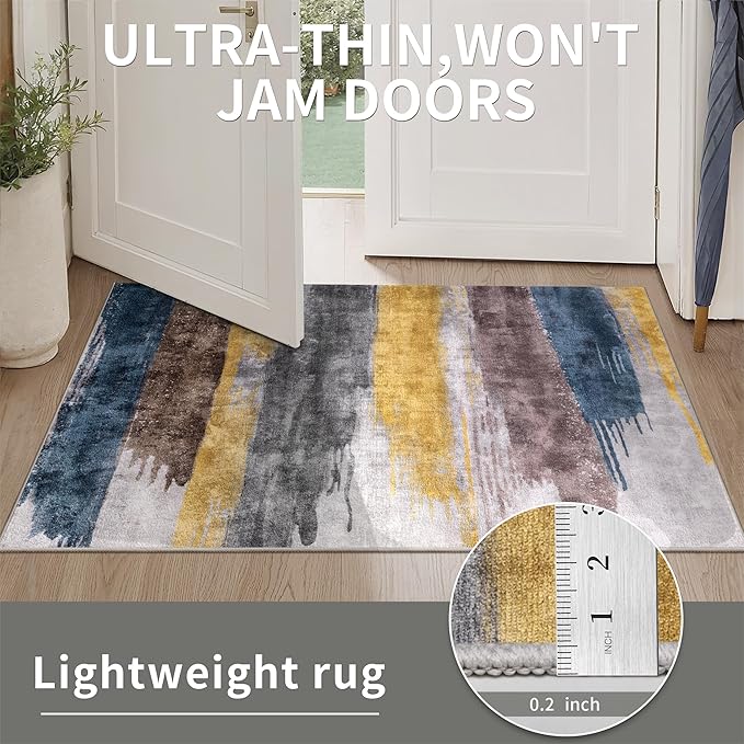 Ciicool Abstract Area Rug Indoor, 3x5 Washable Entryway Rug, Modern Soft Throw Rug with Non-Slip Backing Ideal for Bedroom Living Room Entrance Kitchen, Low-Pile Floor Carpet Doormat Yellow Blue Grey