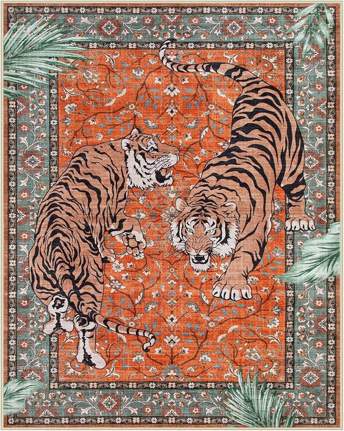 Moynesa Tiger Washable Area Rug, 9x12 Living Room Rug, Vintage Non Slip Large Rug for Dining Room, Ultra Thin Boho Soft Stain Resistant Indoor Carpet for Bedroom Guest Room, Rust