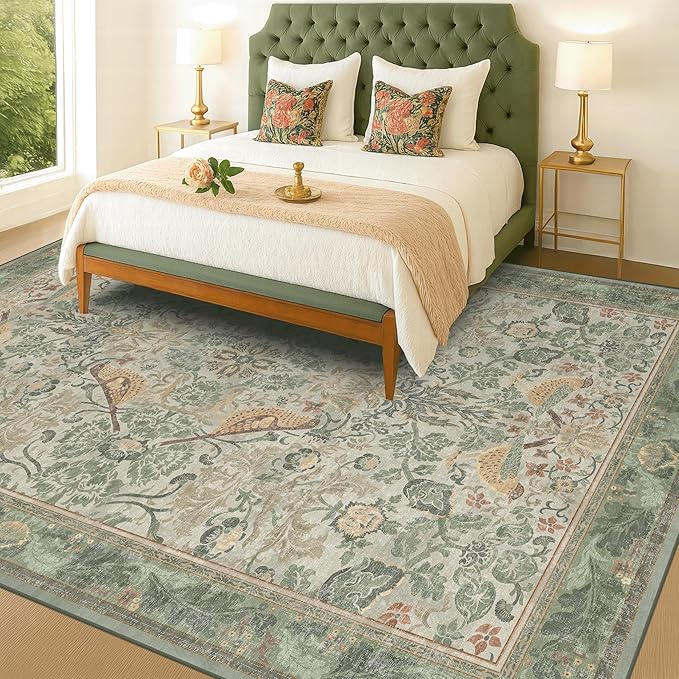 Washable Floral Bird Rugs for Living Room - Sage Green 8x10 Area Rugs for Bedroom Under Bed, Dining Room Kitchen Table Rug for Under Table, Nature Botanical Decor, Stain Resistant Non-Slip