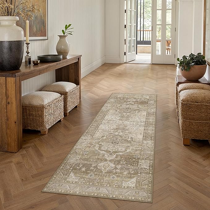 2x6 Washable Vintage Runner Rug for Living Room Bedroom Non Slip Distressed Traditional Soft Runner Rug Beige Brown Low Pile Lightweight Floral Runner Kitchen Hallway Entrance