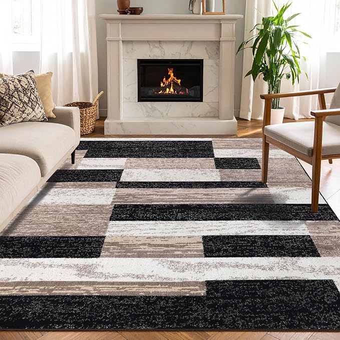 Superior Indoor Area Rug, Jute Backed, Modern Geometric Patchwork Floor Decor for Bedroom, Office, Living Room, Entryway, Kitchen, Hardwood Floors, Rockwood Collection, 6' x 9', Ivory-Beige