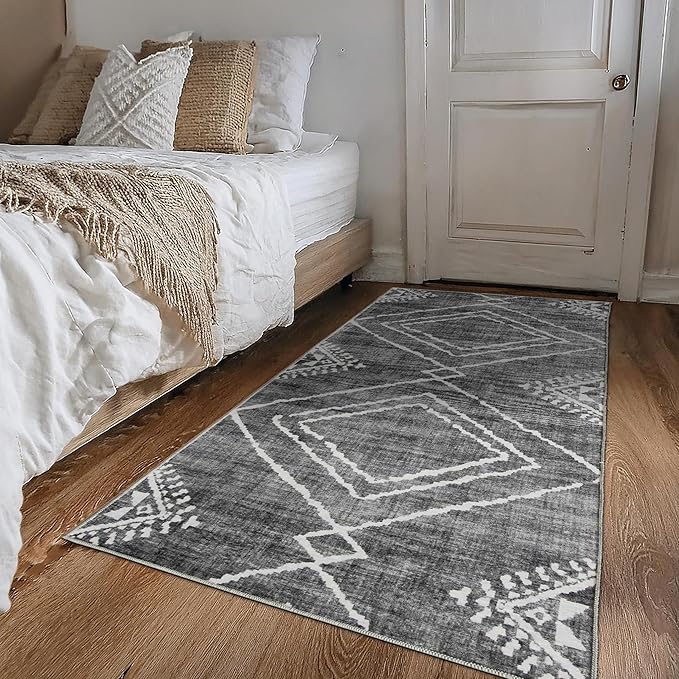 ReaLife Rugs Machine Washable Area Rug Runner - Living Room Bedroom Bathroom Kitchen Entryway Office - Padded Low Pile Stain Resistant Premium - Moroccan Diamond Tribal - Jax - Gray 2'6" x 10'