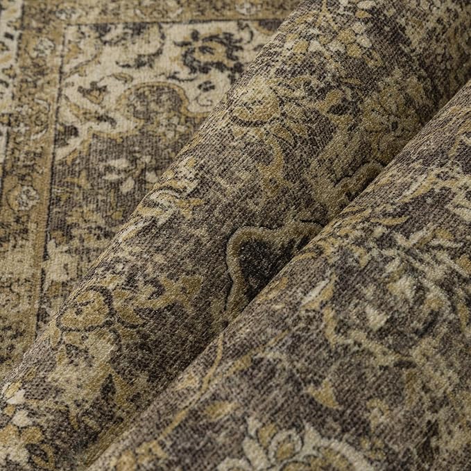 5x7 Brown Washable Vintage Runner Rug for Living Room Bedroom Soft Tranditional Non Slip Large Throw Rug Lightweight Floral Low Pile Distressed Carpet Laundry Dining Room Kitchen Office