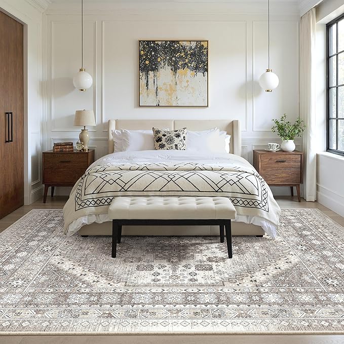 zesthome 5x8 Area Rugs - Ultra-Thin Washble Rug, Stain Resistant Anti Slip Backing Rugs for Living Room,Bedroom, Vintage Home Decor Area Rug (Brown/Beige,5'x8')