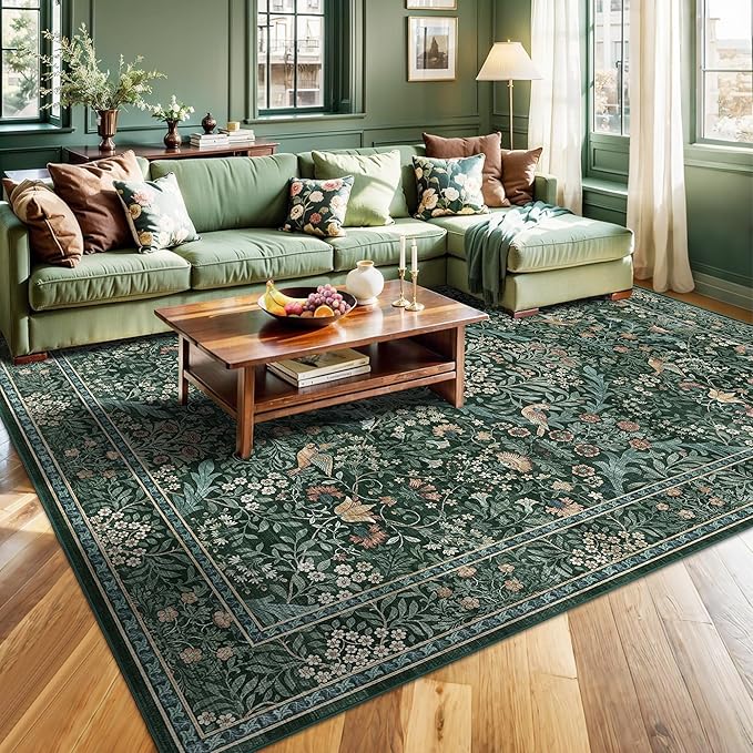 9x12 Floral Washable Area Rug for Living Room, Vintage Boho Large Rugs for Bedroom Dining Room, Botanical Birds Non Slip Low Pile Forest Throw Carpet for Farmhouse Office, Retro Green/Blue