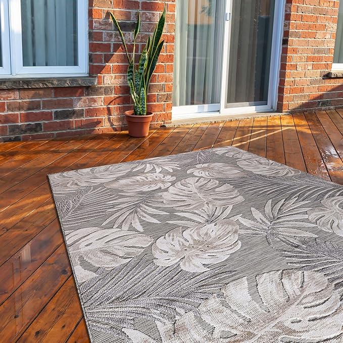 CAMILSON Indoor Outdoor Rug, Beige 7’10”x10’ Leaf Tropical Botanical Area Rugs for Indoor and Outdoor patios, Easy-Cleaning Non-Shedding Living Room, Garden and Kitchen Washable Outside Carpet (8x10)