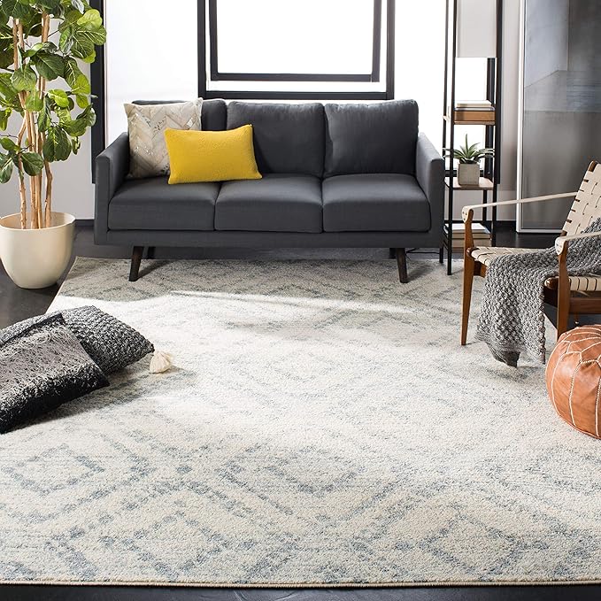 SAFAVIEH Adirondack Collection Area Rug - 10' Square, Ivory & Light Blue, Modern Diamond Distressed Design, Non-Shedding & Easy Care, Ideal for High Traffic Areas in Living Room, Bedroom (ADR131T)