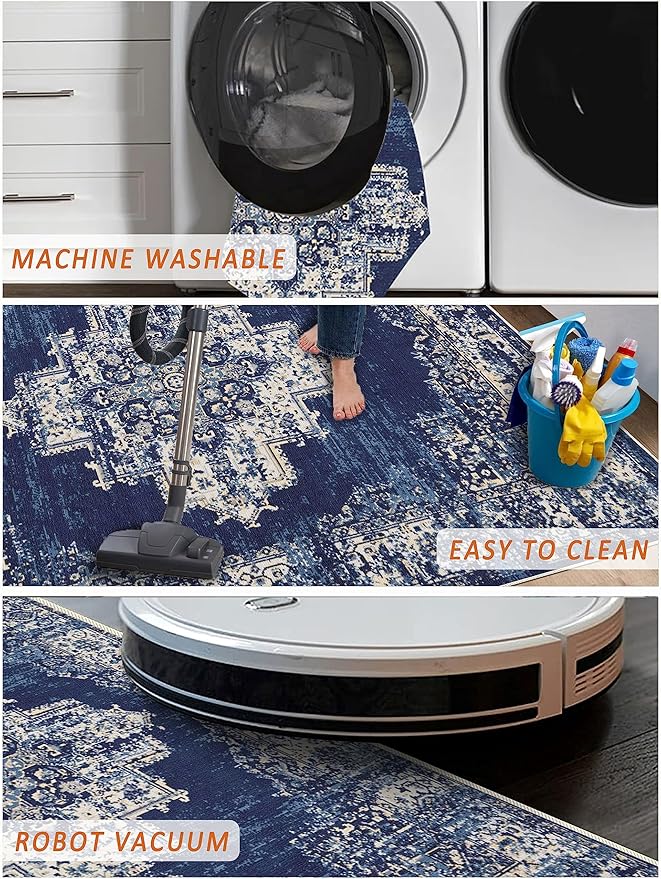 vivorug 8x10 Area Rugs for Living Room, Non-Slip Backing Washable Rug 8x10, Large Area Rug Soft Carpet for Bedroom Dining Room, Vintage, Easy Clean, Durable, Low Pile Rug Under Table, Navy Blue