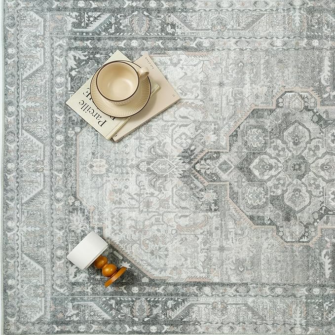 8x10 Grey Washable Vintage Area Rug for Living Room Bedroom Non Slip Distressed Traditional Soft Large Throw Rug Low Pile Lightweight Floral Carpet Office Indoor Classroom Dining Room