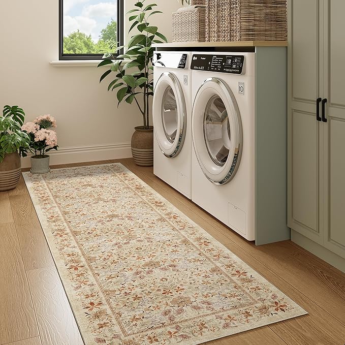DUKINO 2.6x8 Runner Rug for Hallway, Washable Vintage Floral Kitchen Rug with Non Slip Backing, Soft Low Pile Throw Carpet Runner for Kitchen, Laundry, Hallway, Bathroom, Beige