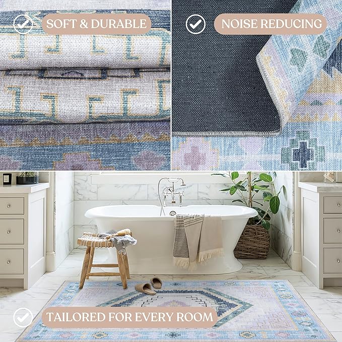 Fame Living Washable Area Rug. Modern Farmhouse. Vintage. Turkish. Bohemian. Distressed. Oriental. Traditional. Rugs for Living Room. Dining. Bedroom. Office. Entryway. Foyer. (856PBl, 2'5" x 13')