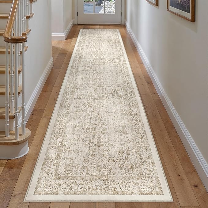 Light Brown Runner Rug 2x10 Hallway Machine Washable Kitchen Vintage Distressed Non Slip Long Carpet Indoor Retro Floral Bedroom Accent Throw Rug for Bathroom Office Laundry Dining Room
