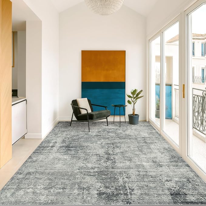 Vintage Dark Blue Rugs for Bedroom - 6x9 Distressed Print Pattern Large Area Rug for Living Room, Dining Room Under Table, Thin & Soft Washable Slate and Gray Décor