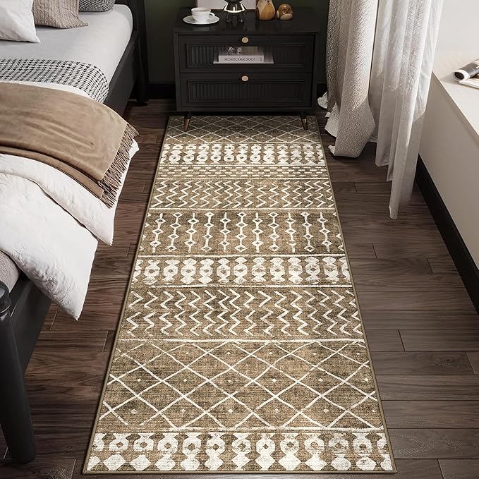 2x8 Machine Washable Runner Rug, Kitchen Hallway Area Rug, Brown Vintage Moroccan Rug Ultra Non-Slip Low Pile Soft Faux Wool Carpet, Kids and Pets Friendly for Bedroom Entryway Bedside Decor Rug