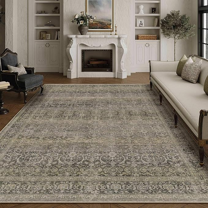 HUGEAR 8x10 Washable Area Rug Taupe Vintage Neutral Living Room Rug Soft Non Slip Large Distressed Carpet Low Pile Pet Friendly for Bedroom Dining Room