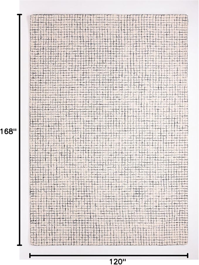 Hand-Tufted 100% Wool Pile Area Rug – Geometric Textured Grid Check Pattern – Thick and Durable Floor Carpet for Bedroom, Living Room, Kids Room, and Dining Area (Ivory, Denim, 10' x 14')