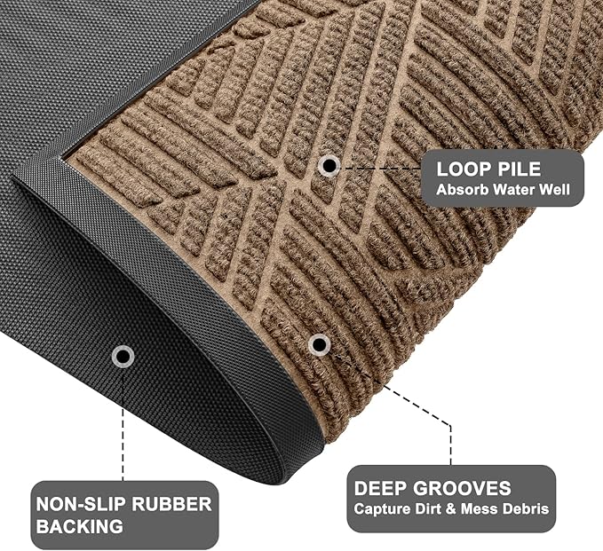Kitinjoy Front Door Mat Outside Entrance, Sturdy Natural Dirt Trapper, Heavy Duty Rubber Doormat, Low Profile Non-Slip Backing, Easy Clean Floor Mat for Indoor Outdoor Entry, 35X23 Inch, Coffee