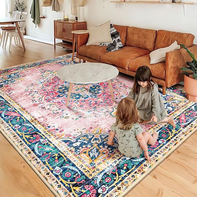 Area Rug 4x6.5 Pink Boho Rug Washable Vintage Rug for Kitchen Living Room Bedroom Bathroom Office Low Pile Non Slip Indoor Floor Carpet