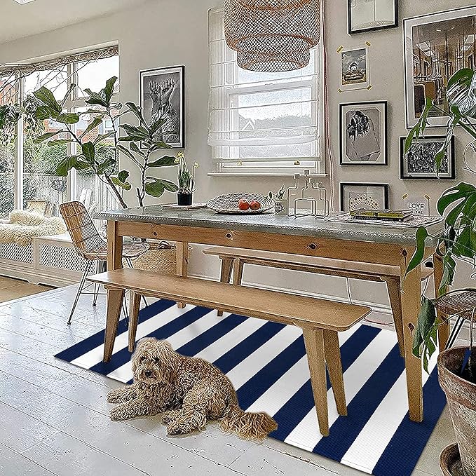 KOZYFLY Striped Outdoor Rug 3x5 Ft Front Door Rug Navy and White Hand Woven Cotton Blue Washable Outdoor Doormats Outdoor Entrance Mat for Front Door Kitchen Entryway Patio Front Porch Decor