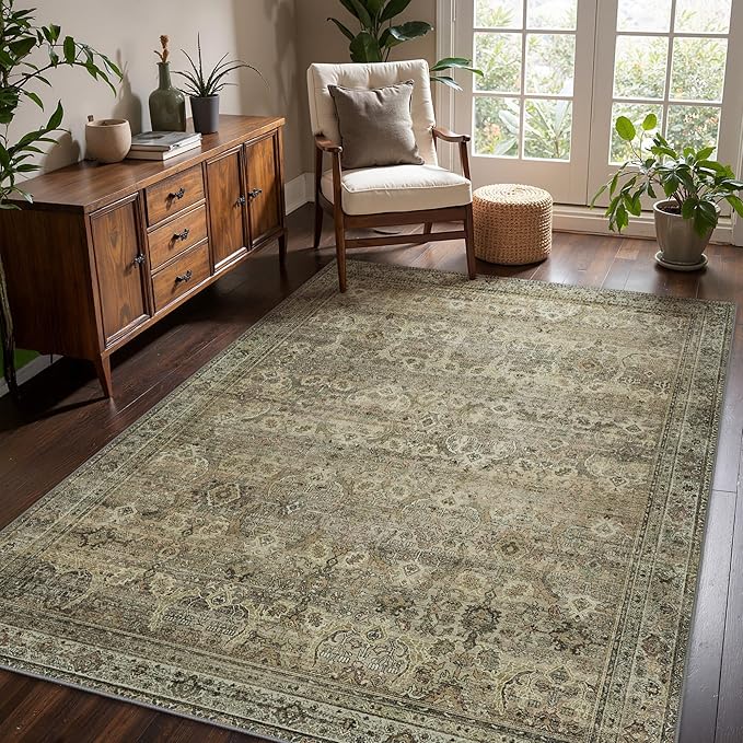 6x9 Area Rug Machine Washable Boho Rug for Living Room,Ultra-Thin Low Pile Carpet,Lightweight Indoor Printed Rug,Non Slip Floral Area Rug for Bedroom, Dining Room, Home Office,Sage