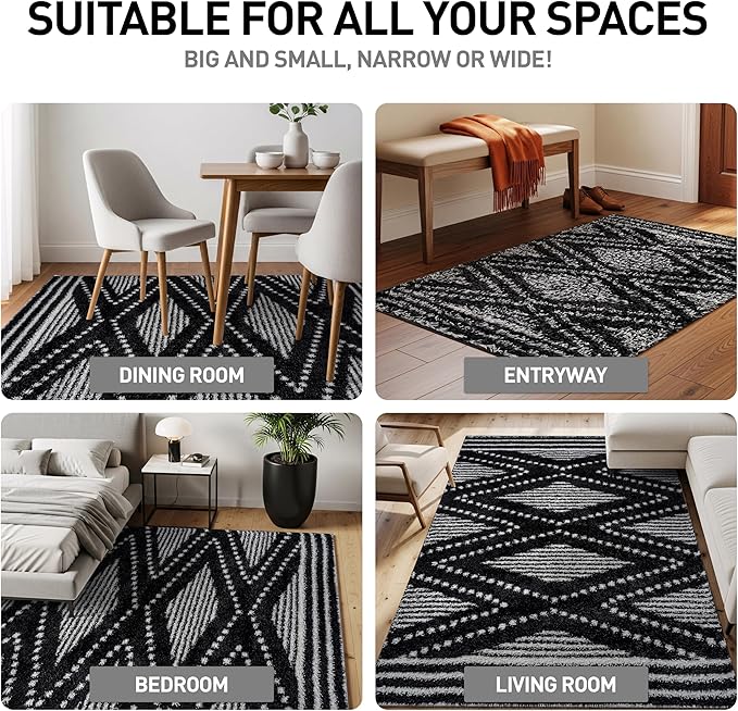 Rugshop Geometric Shag Runner Rug Anthracite Dark Gray and White 2' 3" x 8' Perfect for Hallways, Kitchens, or Behind The Sofa
