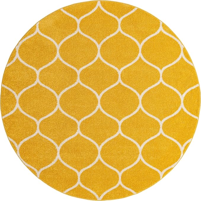 Rugs.com Lattice Frieze Collection Rug – 7' Round Yellow Medium Rug Perfect for Kitchens, Dining Rooms