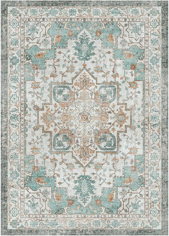 GENIMO 7'6''x9'6'' Area Rugs for Living Room, Machine Washable Non Slip Vintage Rugs, Low Pile Lightweight Chenille Print Rug for Bedroom, Dining Room, Home Office, Cyan