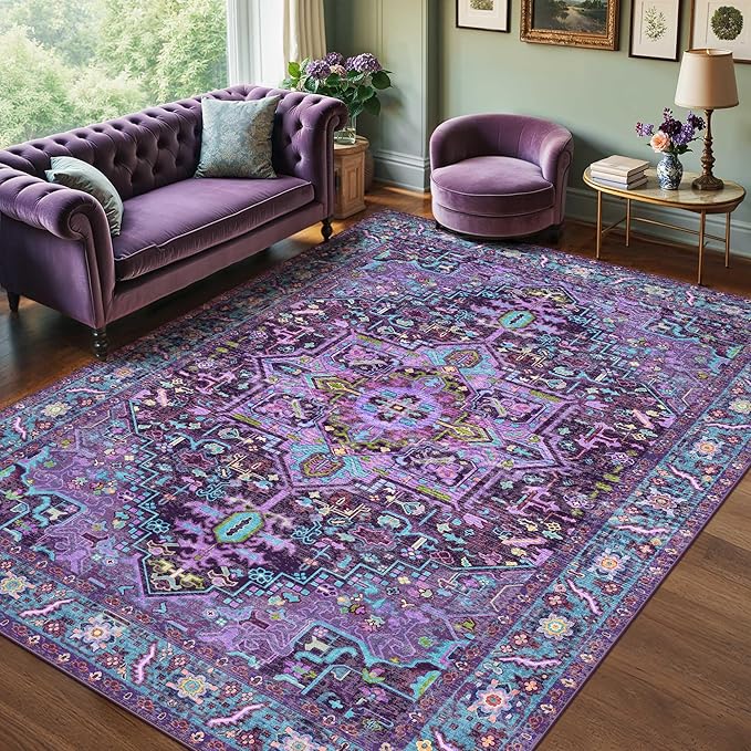 Kokia 9x12 Washable Area Rugs Violet Purple with Vintage Orient Design, Soft Rug for Living Room or Bedroom, Non-Slip Low Pile Stain Resistance Features, Distressed Medallion Pattern