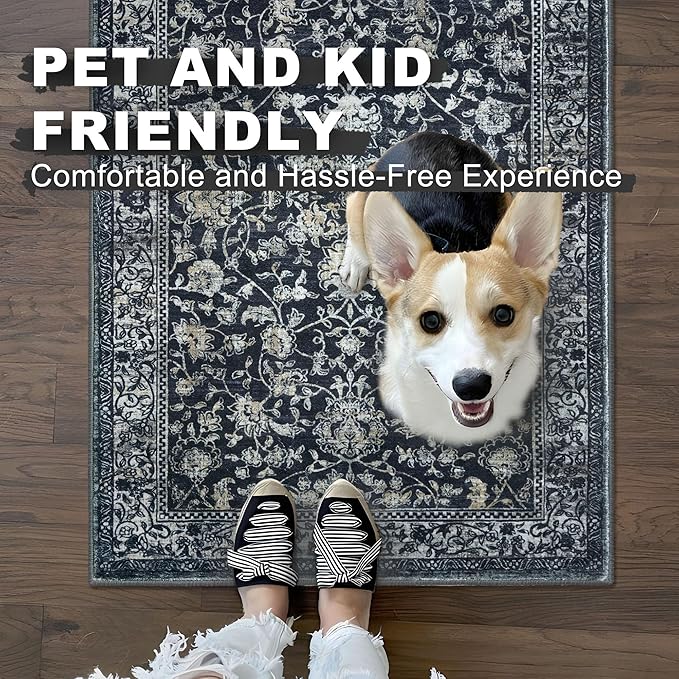 KILOCOCO Area Rug 6x9 Living Room Rug Washable Printed Vintage Floral Non Slip Soft Rubber Backed Indoor Bedroom Rugs for Laundry Room Kitchen Playroom Moroccan Area Rugs, Navy/Charcoal