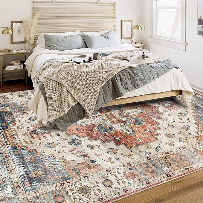 Enkor Area Soft Rugs 6x9 Washable Non Slip Boho Floor Rugs for Living Room Bedroom, Vintage Style Farmhouse Mat for Kitchen Entryway Beige & Red