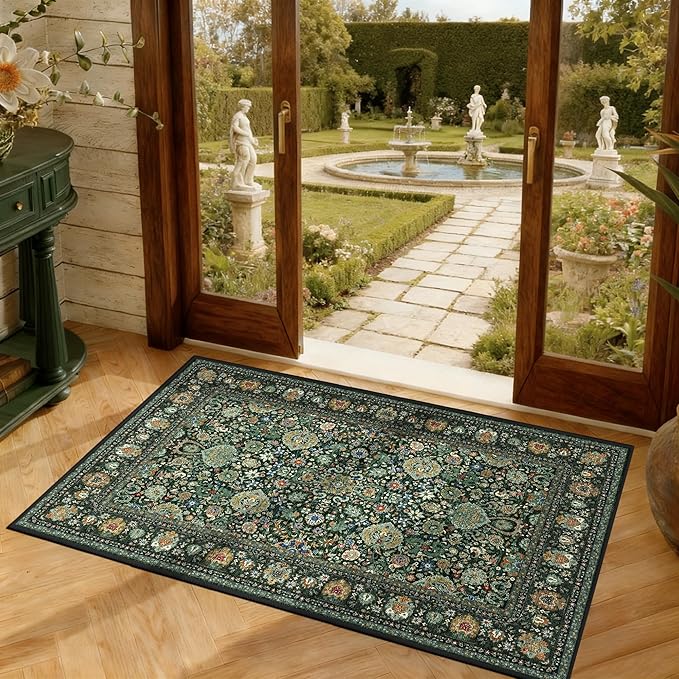 Dark Green Area Rug Entryway Rugs for Bedroom Bathroom Kitchen - 2x3 Small Soft Rugs Low Pile Keep Off Rug Carpet Washable Rug Oriental Indoor Boho Area Rug Cute
