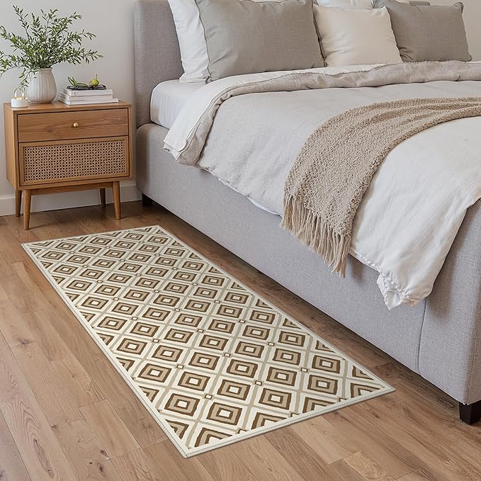 Bavni Hallway Runner Rug Machine Washable, 2x10 Non Slip Lightweight Washable Runners, Moroccan Checkered Rug for Entryway Laundry Kitchen Bathroom Corridor Bedside, Yellow Brown